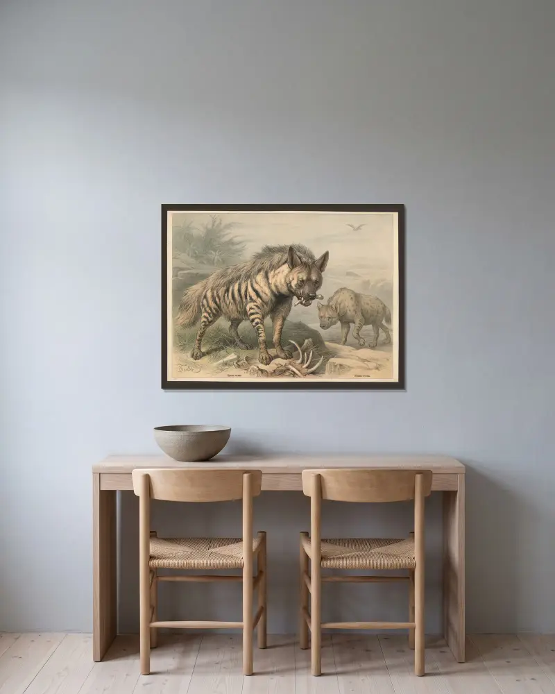 Hyaena striata. Hyaena crocuta, Friedrich Specht v rámu na stěně