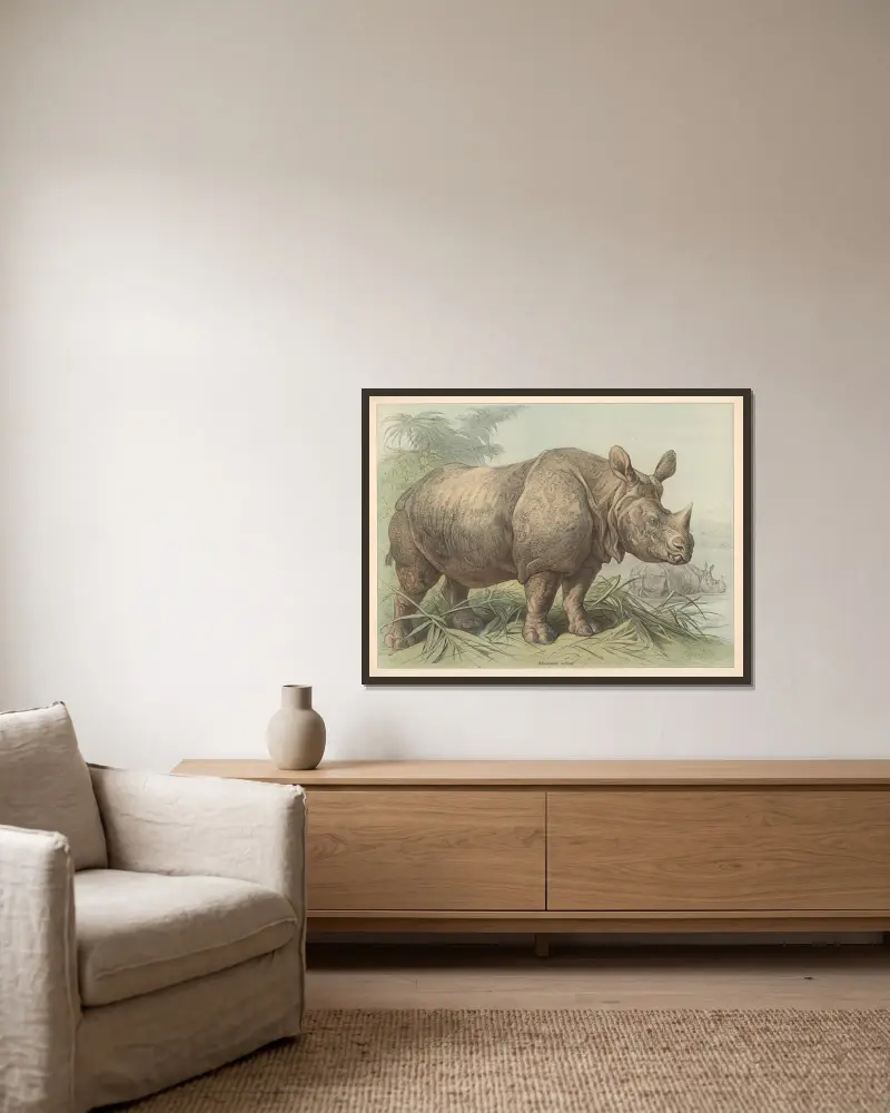 Rhinoceros indicus von Friedrich Specht gerahmt an einer Wand
