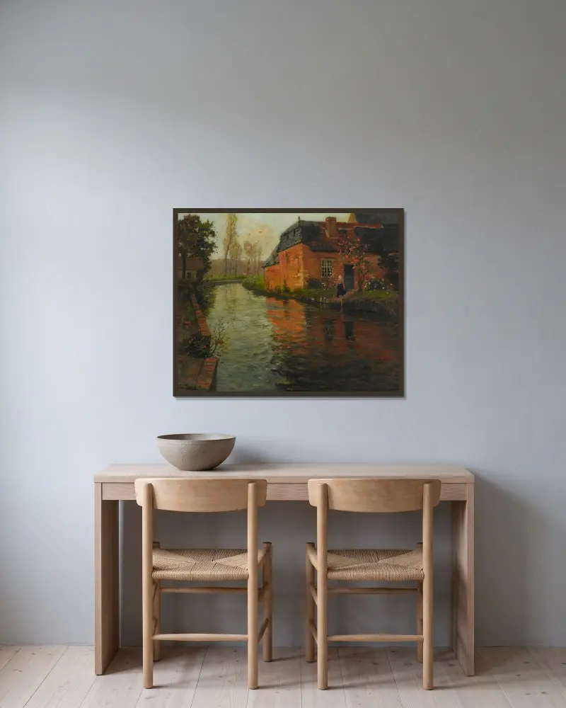 Utsikt över floden La Varenne av Frits Thaulow inramad på en vägg