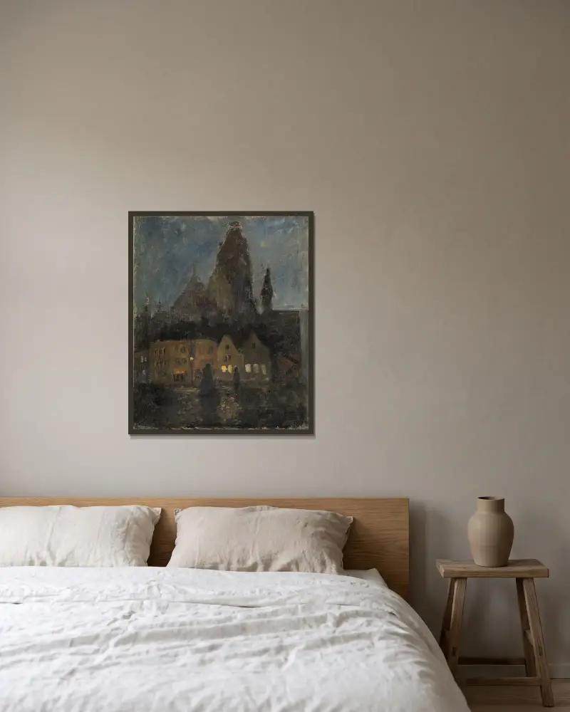 Kväll i Dieppe av Frits Thaulow inramad på en vägg