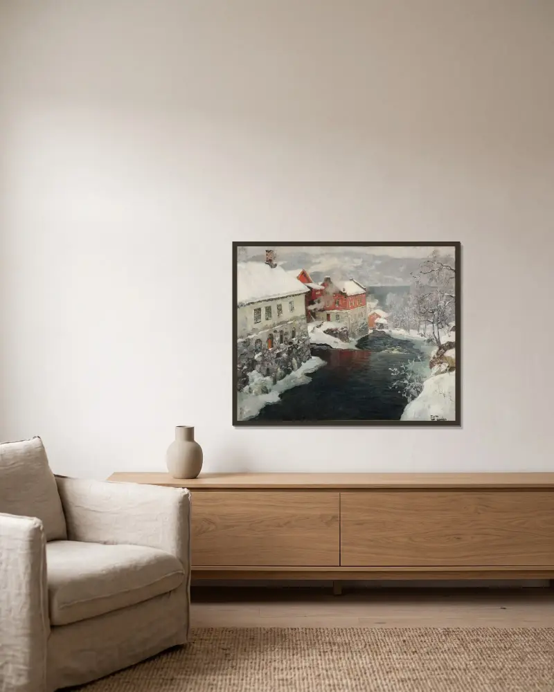 Fabriques en Norvège, les deux moulins sur la rivière Mesma av Frits Thaulow inramad på en vägg