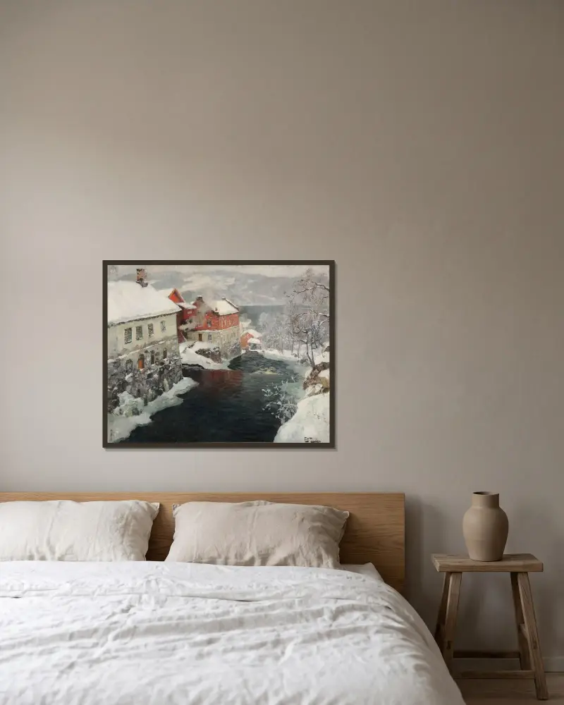 Fabriques en Norvège, les deux moulins sur la rivière Mesma av Frits Thaulow inramad på en vägg