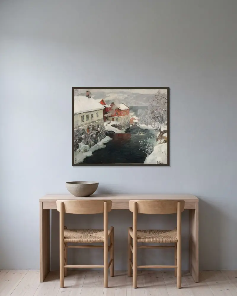 Fabriques en Norvège, les deux moulins sur la rivière Mesma av Frits Thaulow inramad på en vägg