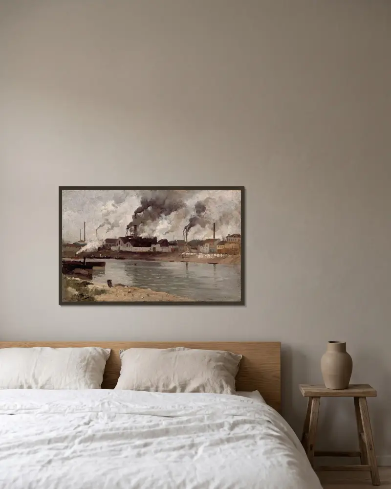 Fabriker i Ivry av Frits Thaulow inramad på en vägg
