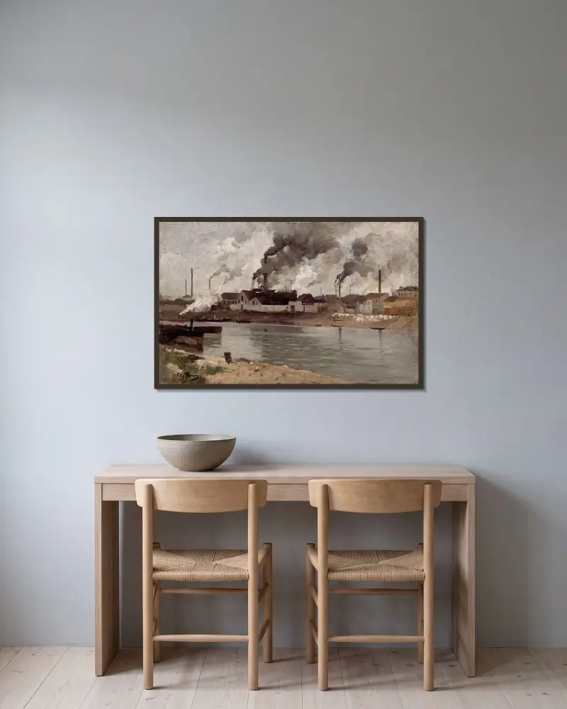 Fabriker i Ivry av Frits Thaulow inramad på en vägg