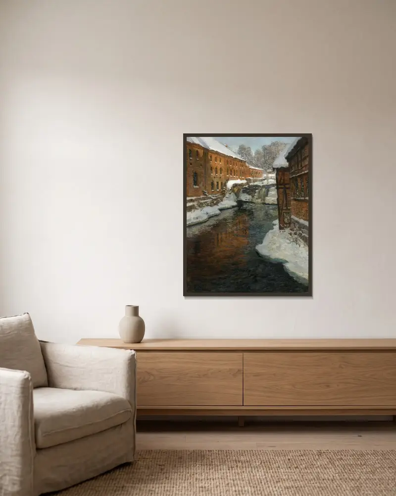 Fra Akerselven (The Akerselven River In The Snow) av Frits Thaulow inramad på en vägg