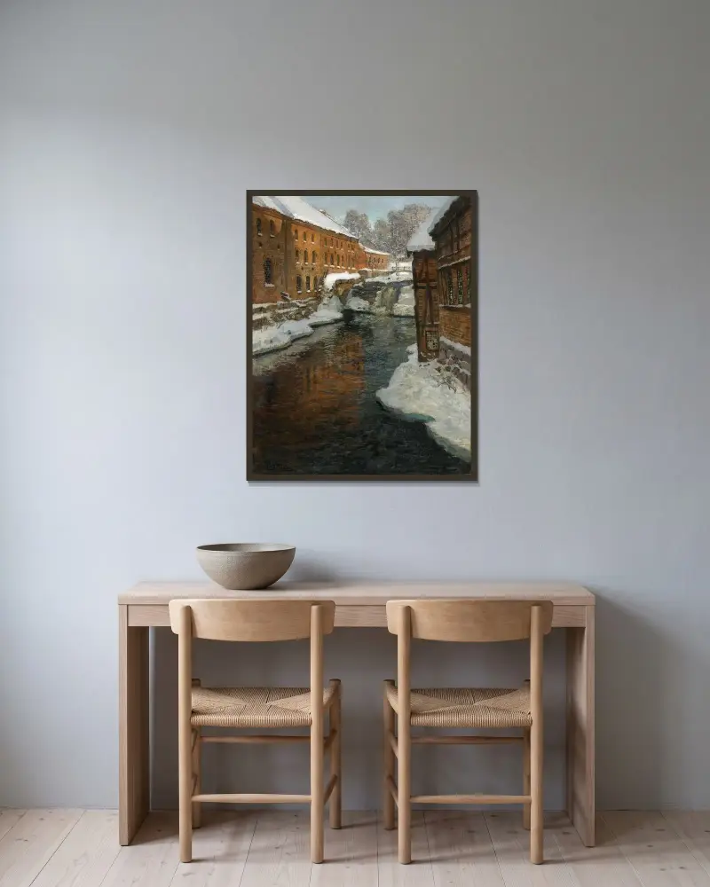 Fra Akerselven (The Akerselven River In The Snow) av Frits Thaulow inramad på en vägg