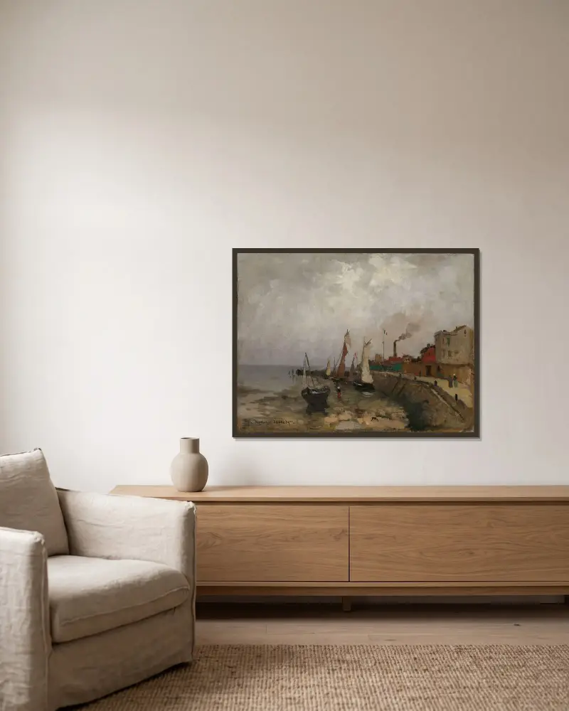 Fransk havn (Le Havre) av Frits Thaulow inramad på en vägg