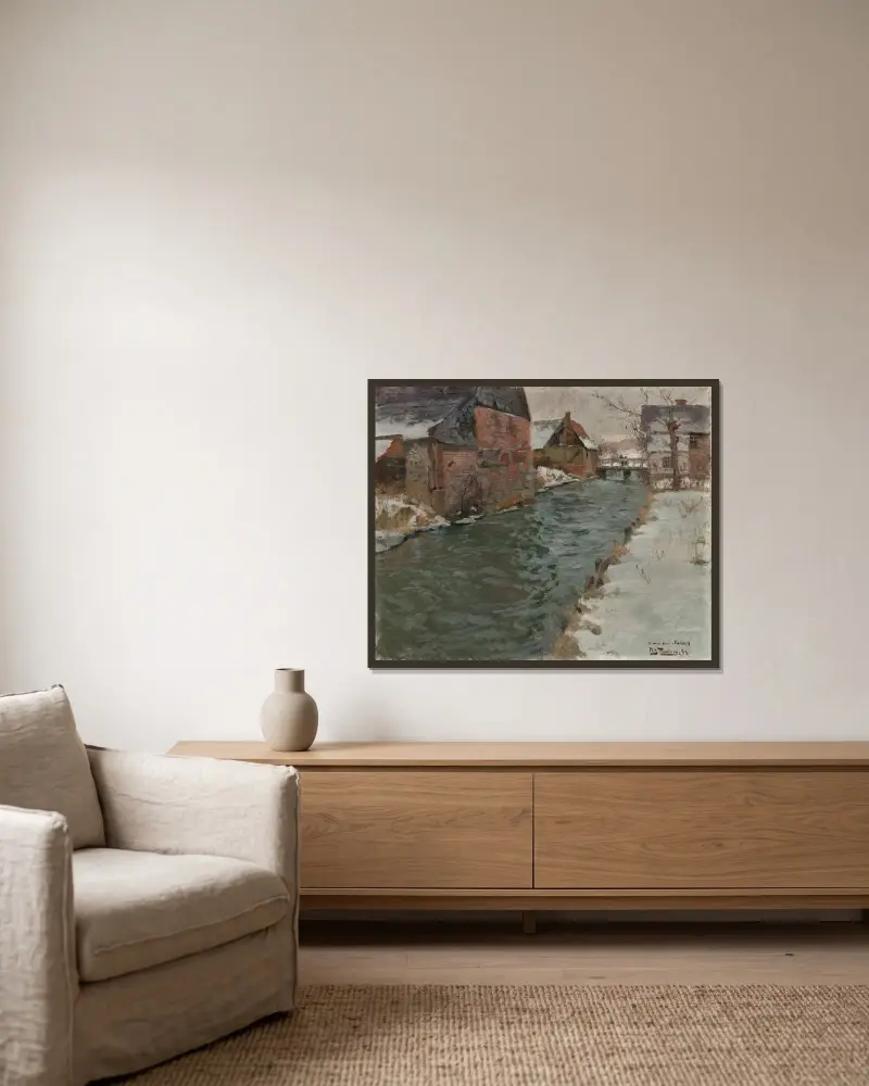 Hameau en bord de rivière av Frits Thaulow inramad på en vägg