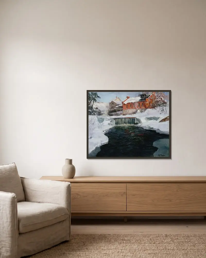 Den nya fabriken i Lillehammer av Frits Thaulow inramad på en vägg