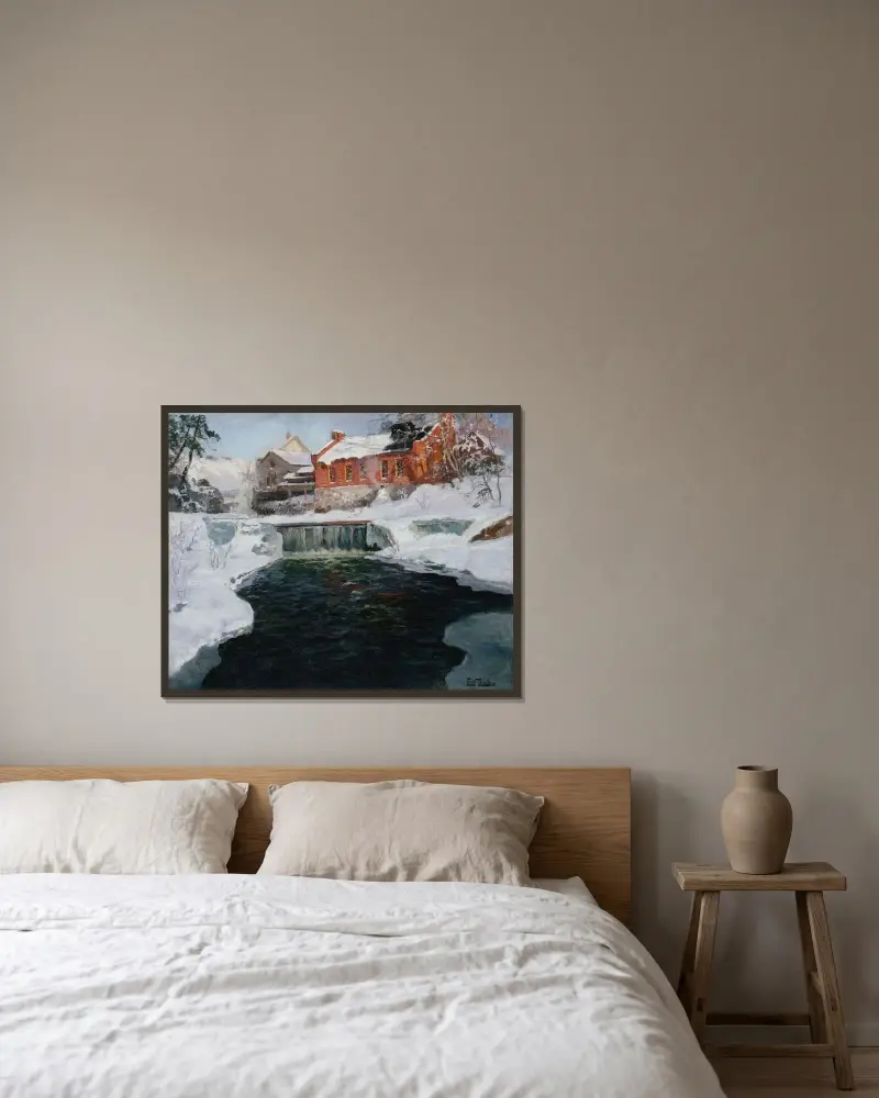 Den nya fabriken i Lillehammer av Frits Thaulow inramad på en vägg