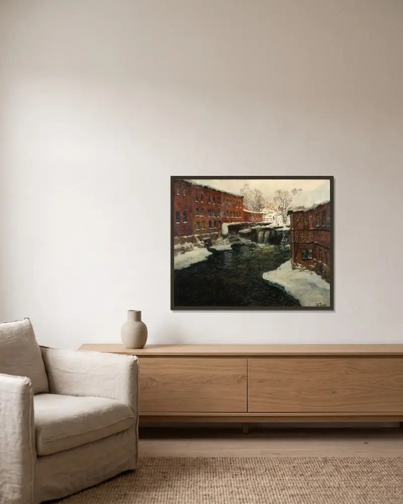Mill Scene av Frits Thaulow inramad på en vägg