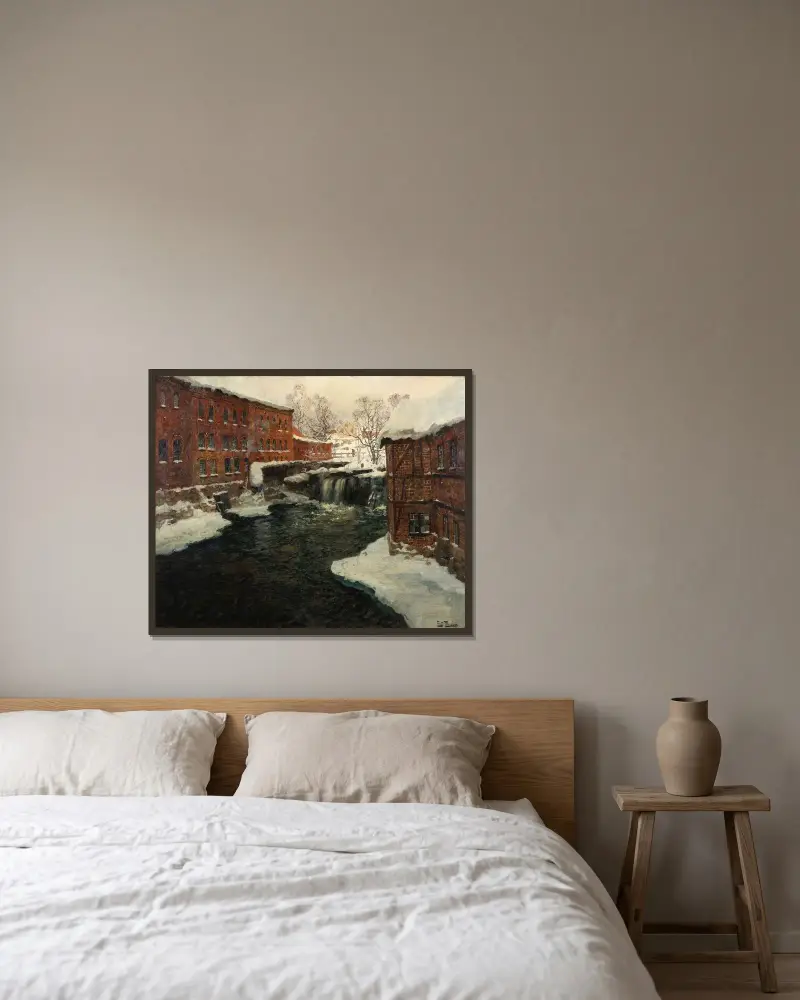 Mill Scene av Frits Thaulow inramad på en vägg