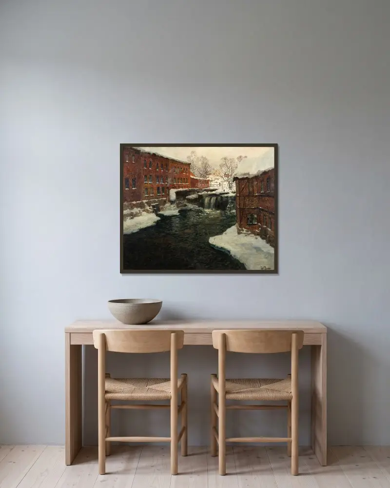 Mill Scene av Frits Thaulow inramad på en vägg