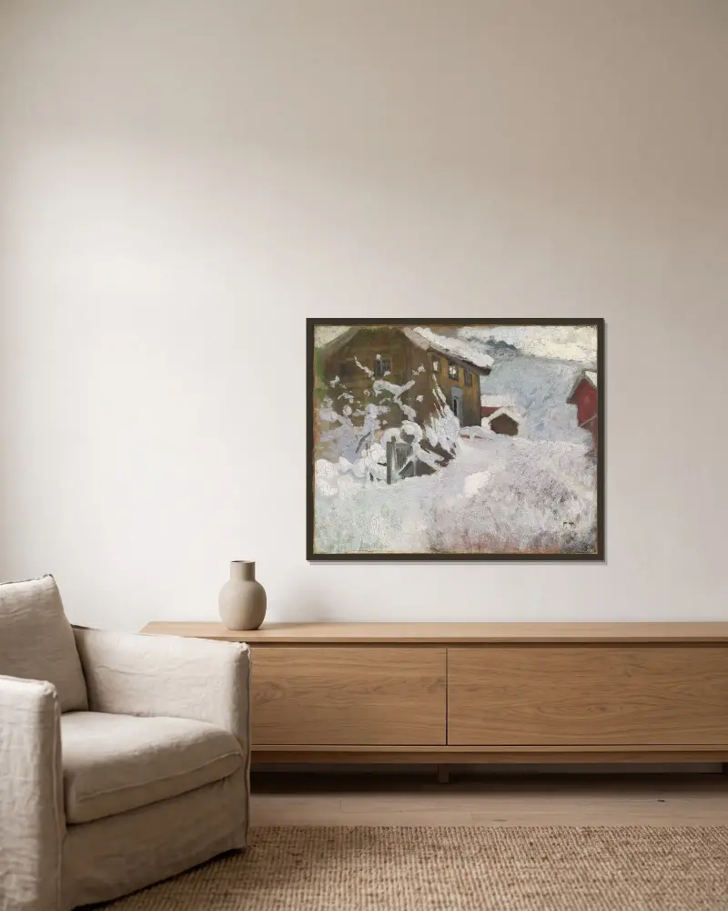Norwegian Winter av Frits Thaulow inramad på en vägg