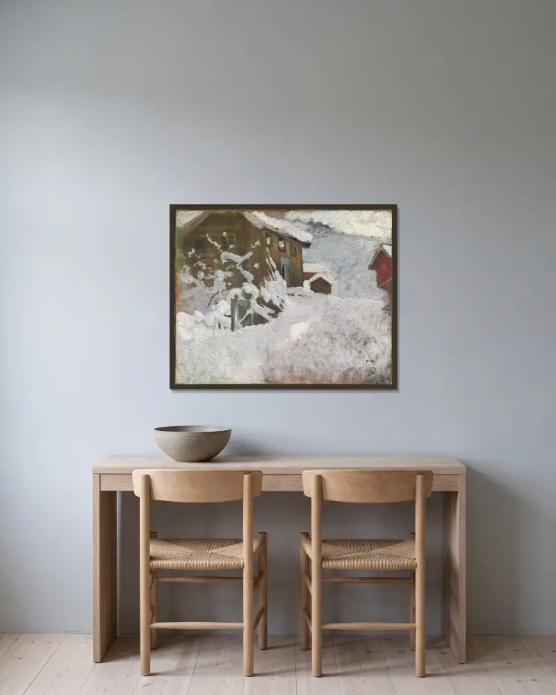 Norwegian Winter av Frits Thaulow inramad på en vägg