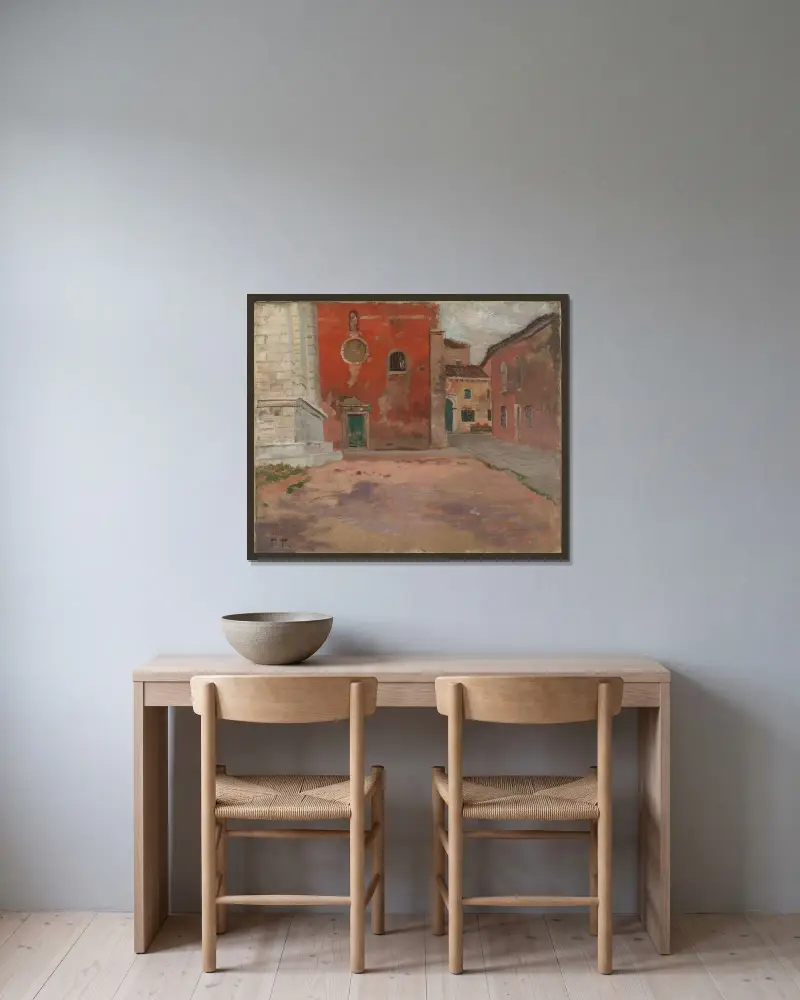 Rote Kirchenmauer in Venedig von Frits Thaulow gerahmt an einer Wand