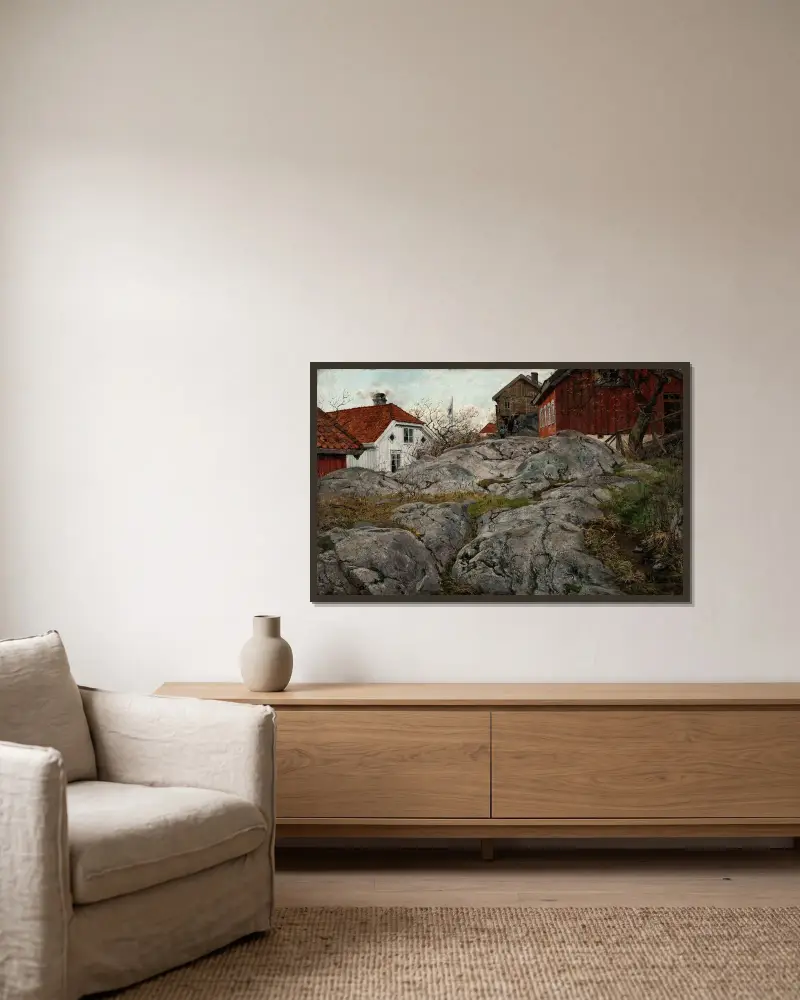 Klippa, motiv från Kragerø av Frits Thaulow inramad på en vägg