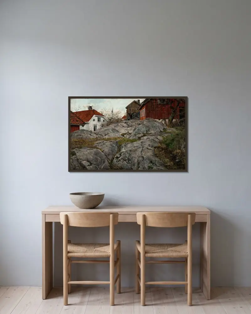Klippa, motiv från Kragerø av Frits Thaulow inramad på en vägg