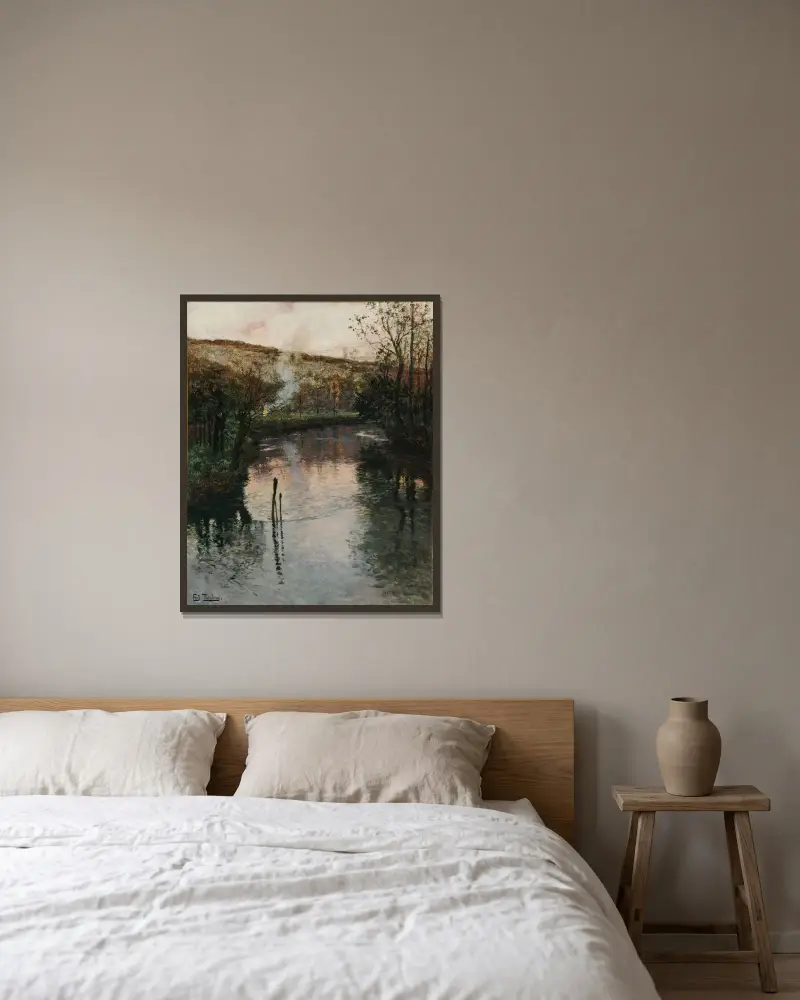 Soleil couchant sur l’Arques à Péquigny av Frits Thaulow inramad på en vägg