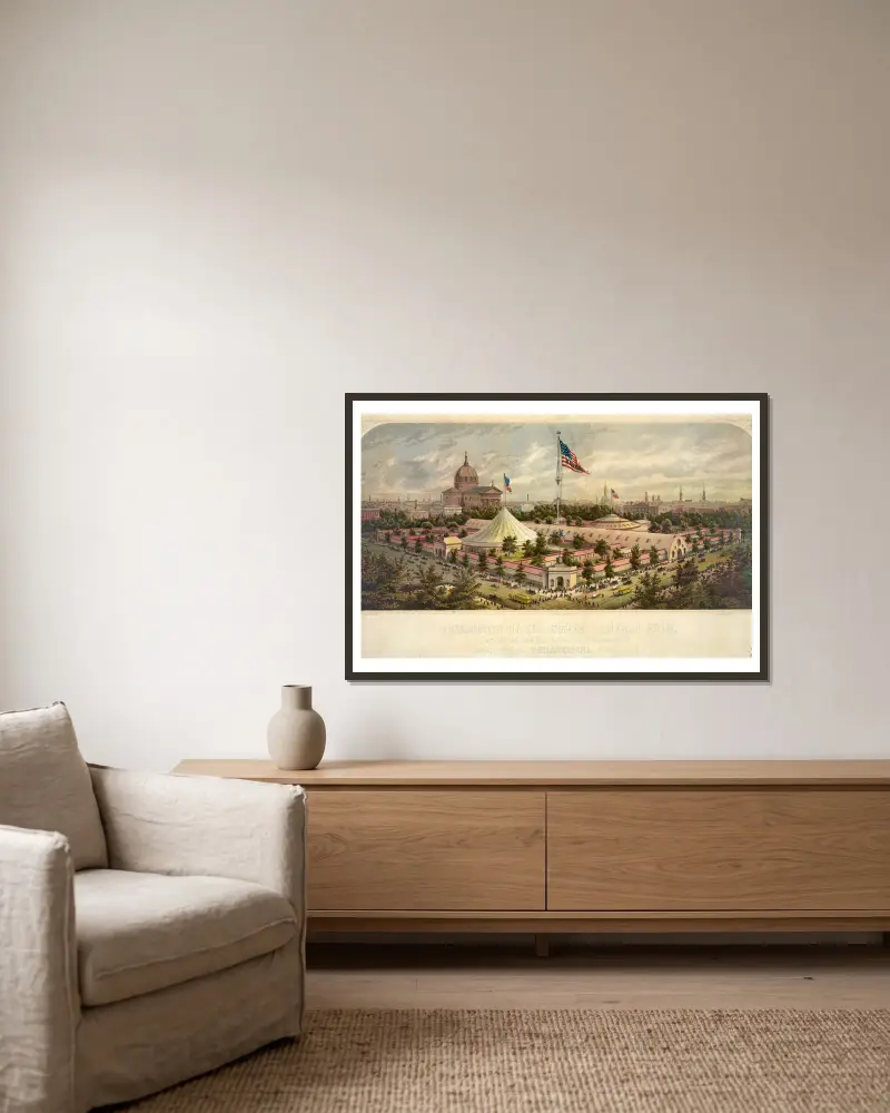 Buildings of the Great Central Fair, in aid of the U.S. Sanitary Commission, Logan Square, Philadelphia, June 1864, 1864 – nr 2 av James Fuller Queen inramad på en vägg