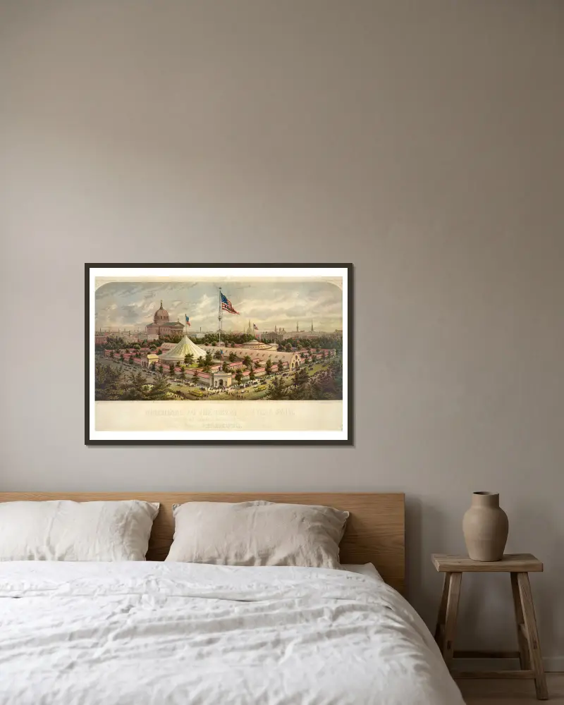 Buildings of the Great Central Fair, in aid of the U.S. Sanitary Commission, Logan Square, Philadelphia, June 1864, 1864 – nr 2 av James Fuller Queen inramad på en vägg