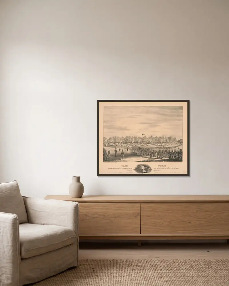 Camp Wayne. Pennsylvania volunteer encampment on the Paoli battle ground Sept. 19th, 20th, 21st, 22nd 1840 av James Fuller Queen inramad på en vägg