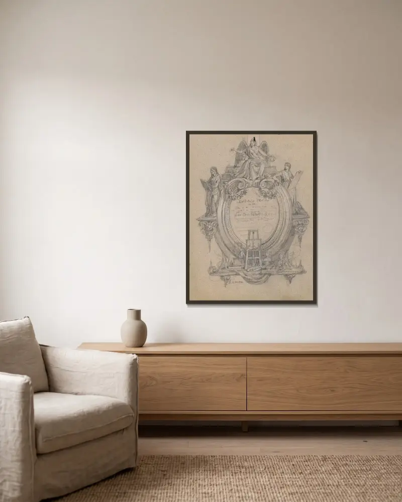 Design för allegori med anknytning till konstarterna av James Fuller Queen inramad på en vägg