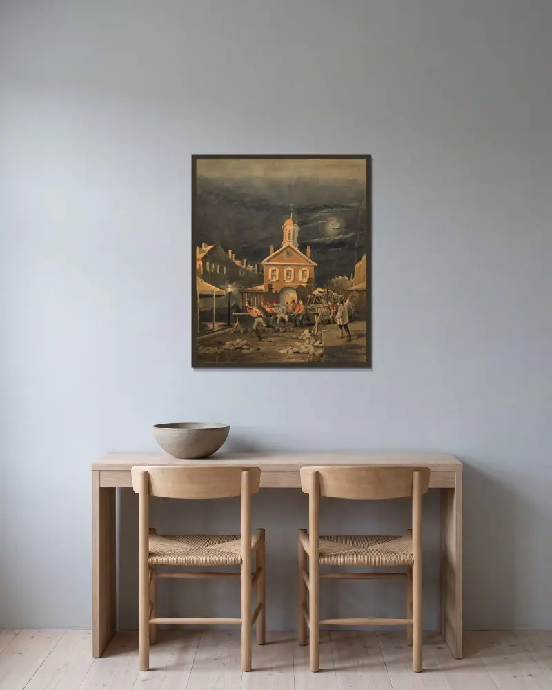 Brandstationsscen med brandmän som lämnar brandstationen och drar en handdragen brandbil av James Fuller Queen inramad på en vägg