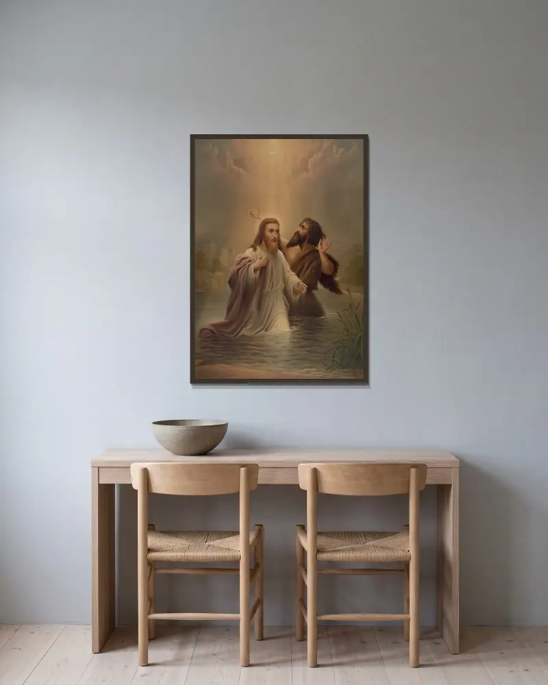 The baptism of Christ av James Fuller Queen inramad på en vägg