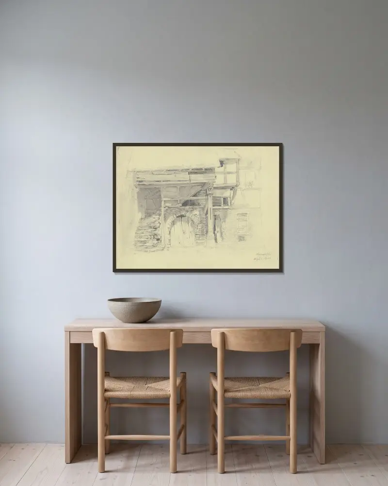 Altes Haus, Kellertor unter einer Treppe, die in einen Holzbau mit einer Säule führt av Jakob Fürchtegott Dielmann inramad på en vägg