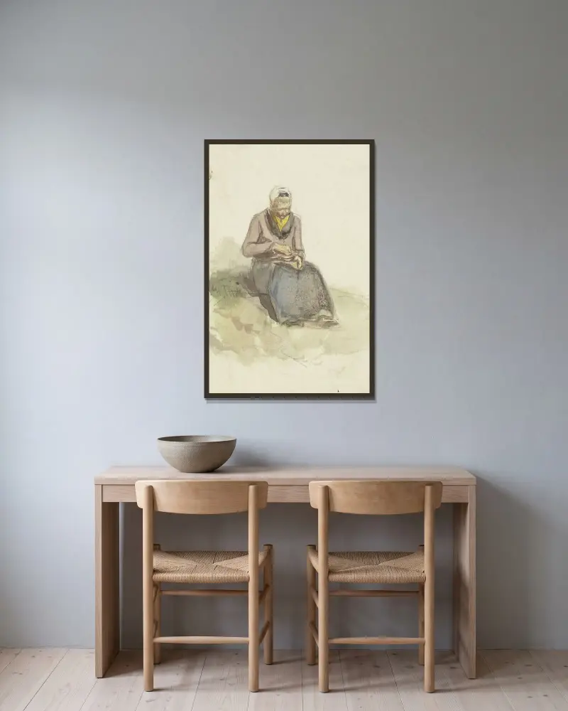 En gammal kvinna sitter på en gräsmatta och håller en skål med mjölk i knät av Jakob Fürchtegott Dielmann inramad på en vägg
