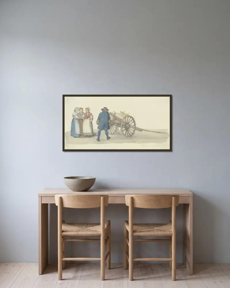 En bonde och tre kvinnor från Hunsrück vid en kärra, bakom en ko av Jakob Fürchtegott Dielmann inramad på en vägg