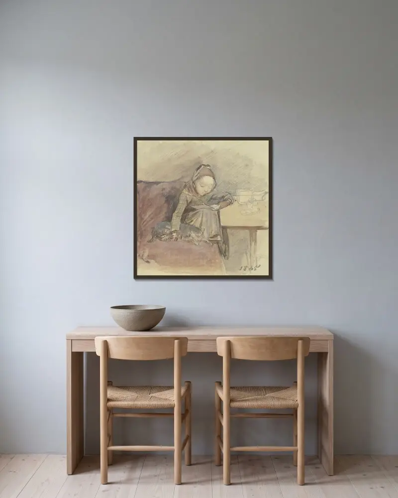 Läsande barn med katt vid ett bord på en röd soffa av Jakob Fürchtegott Dielmann inramad på en vägg