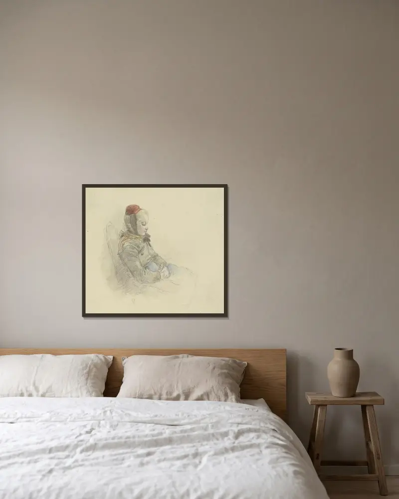 Flicka med nedslagen blick sittande på en stol, vänd åt höger av Jakob Fürchtegott Dielmann inramad på en vägg
