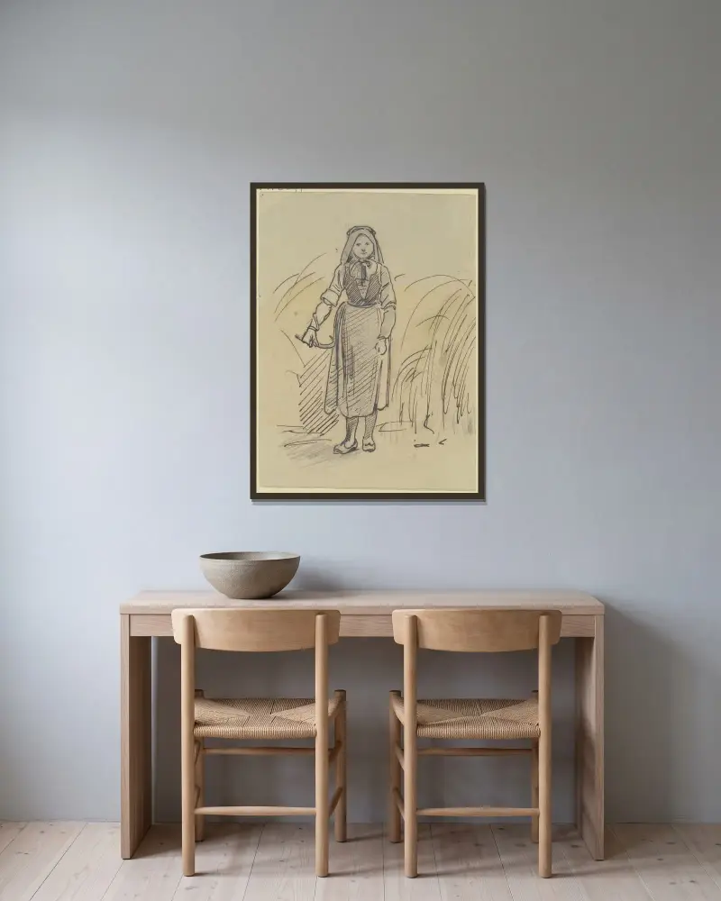 Skörderska stående i vetet av Jakob Fürchtegott Dielmann inramad på en vägg