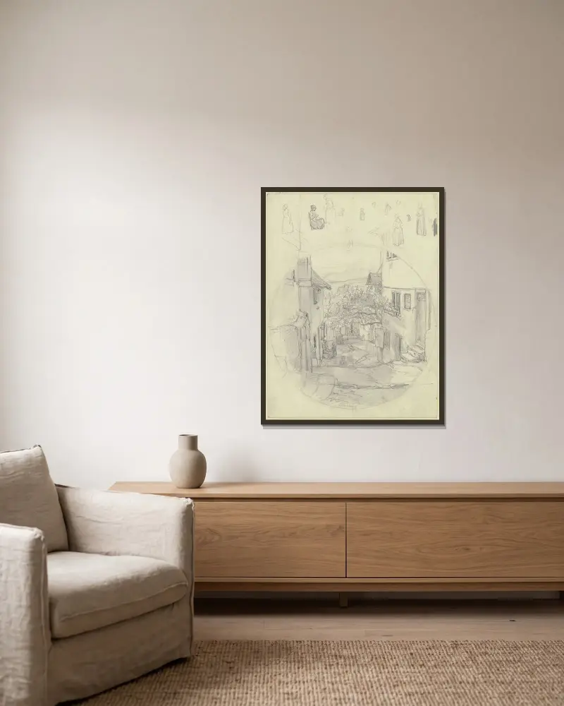 Studienblatt; Ansicht einer Straße in Kronberg, oben verschiedene Figurenstudien von Jakob Fürchtegott Dielmann gerahmt an einer Wand