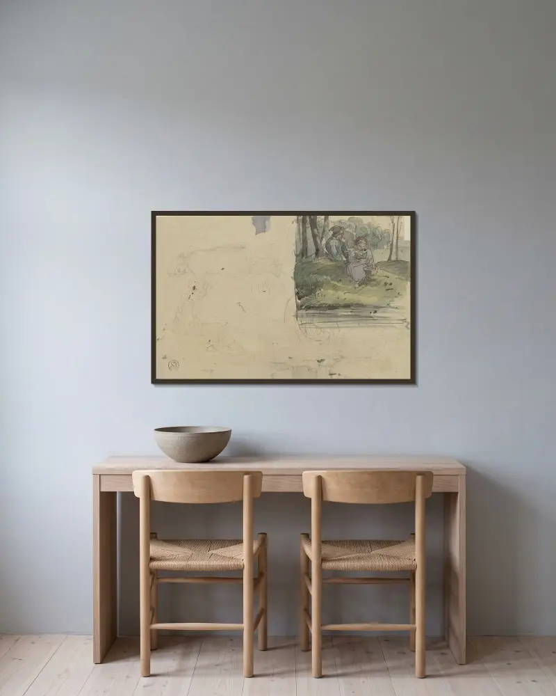 Studieblad; Figurer och en flicka med en pojke sittande i skogen av Jakob Fürchtegott Dielmann inramad på en vägg