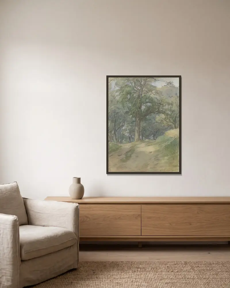 Sonniger Waldweg von Jakob Fürchtegott Dielmann gerahmt an einer Wand