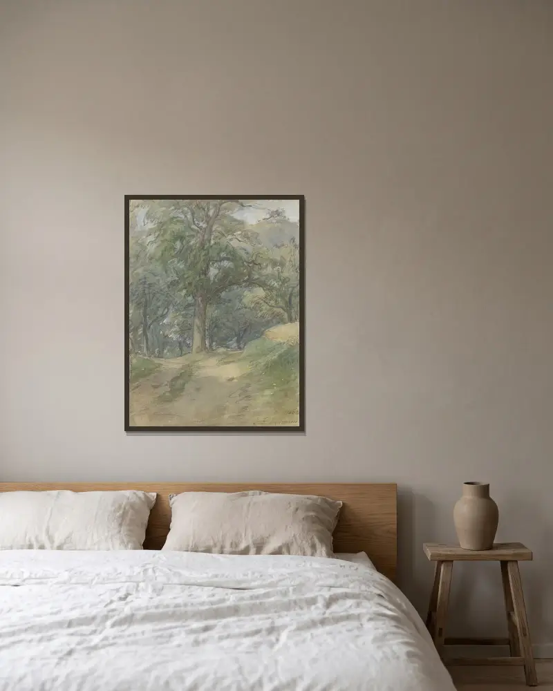 Sonniger Waldweg von Jakob Fürchtegott Dielmann gerahmt an einer Wand