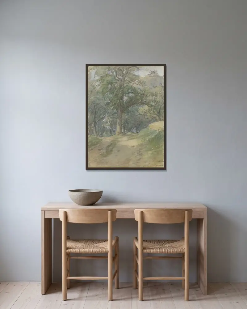 Sonniger Waldweg von Jakob Fürchtegott Dielmann gerahmt an einer Wand