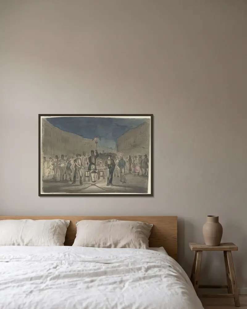 Der Laternenkrawall von Jakob Fürchtegott Dielmann gerahmt an einer Wand