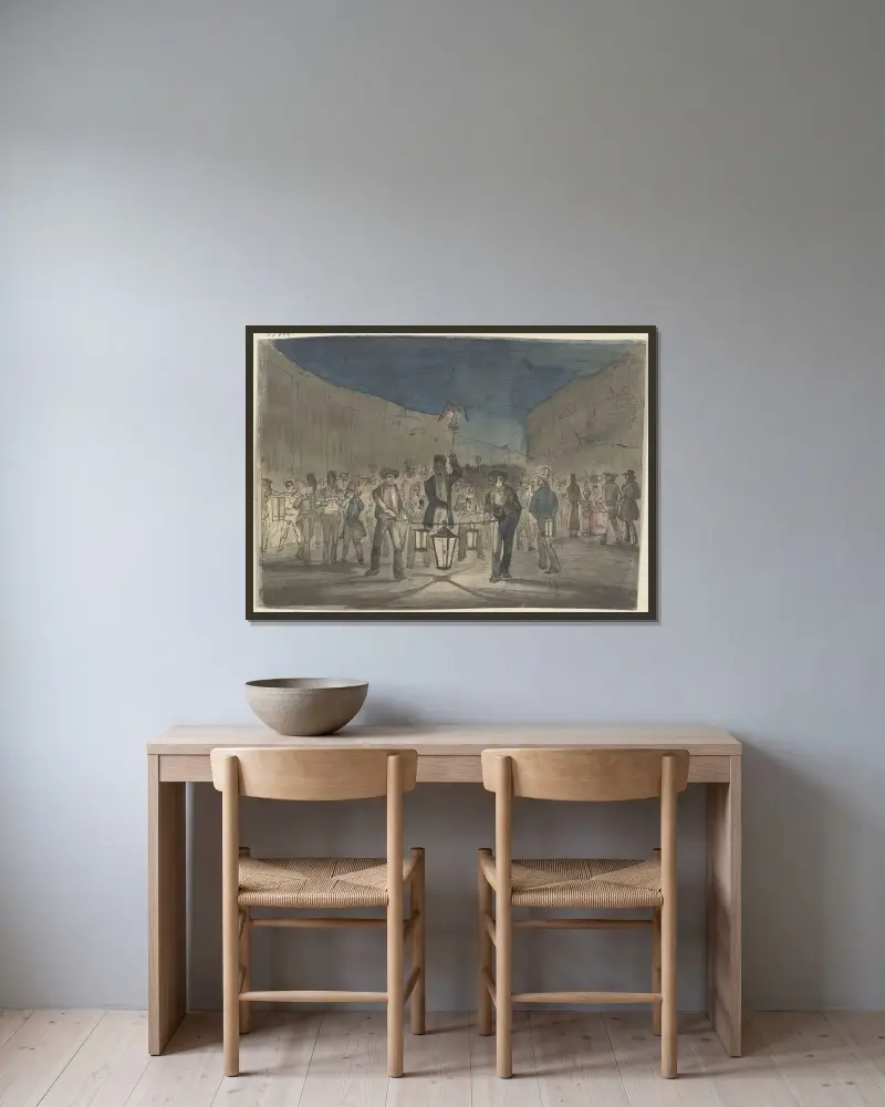 Der Laternenkrawall von Jakob Fürchtegott Dielmann gerahmt an einer Wand