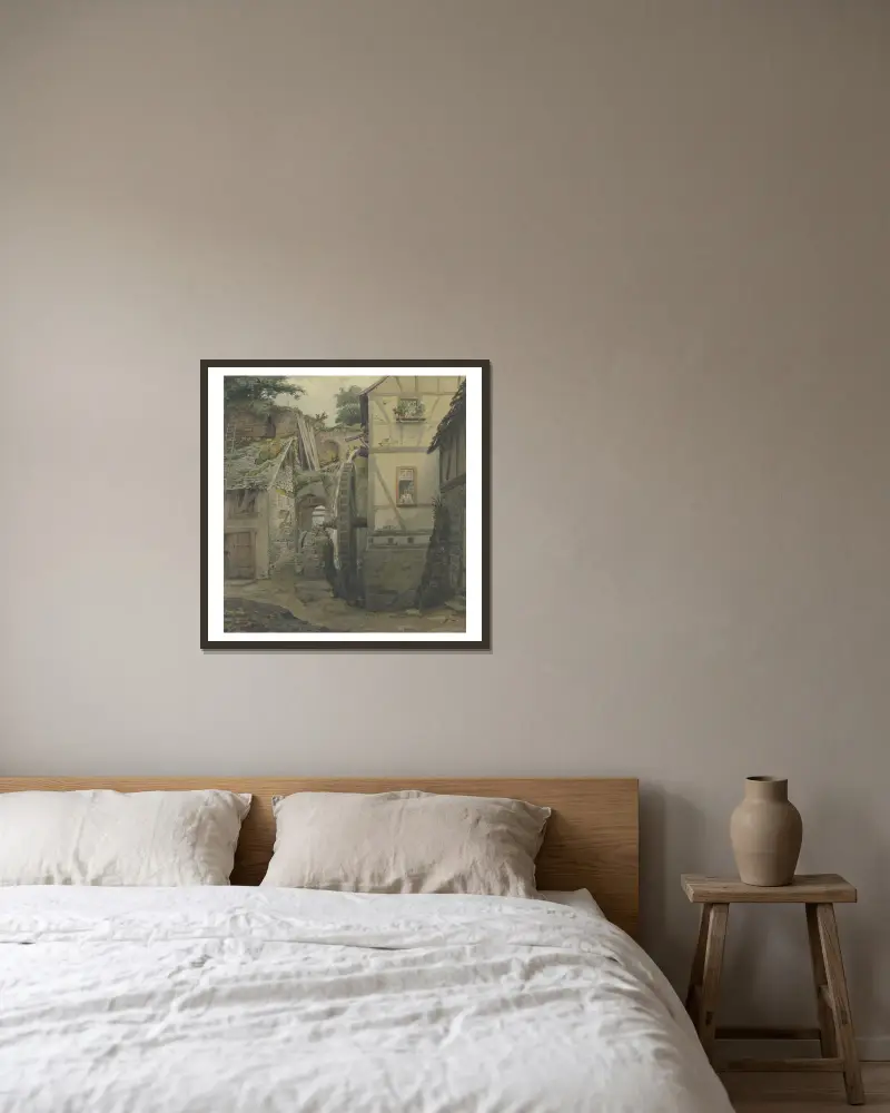 Village motif av Jakob Fürchtegott Dielmann inramad på en vägg