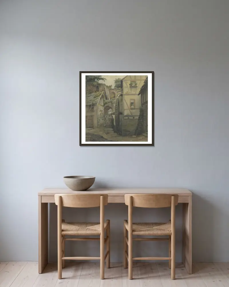 Village motif av Jakob Fürchtegott Dielmann inramad på en vägg