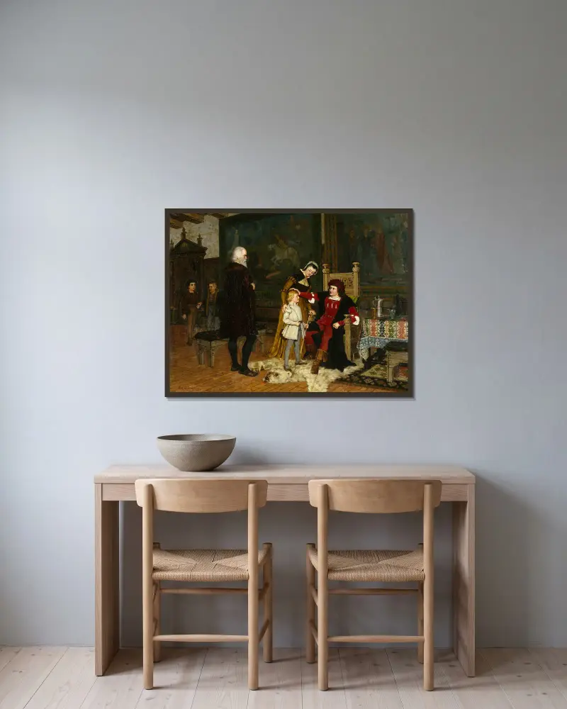 Kung Gustav Vasa av Sverige presenteras för kung Hans av J.A.G. Acke inramad på en vägg