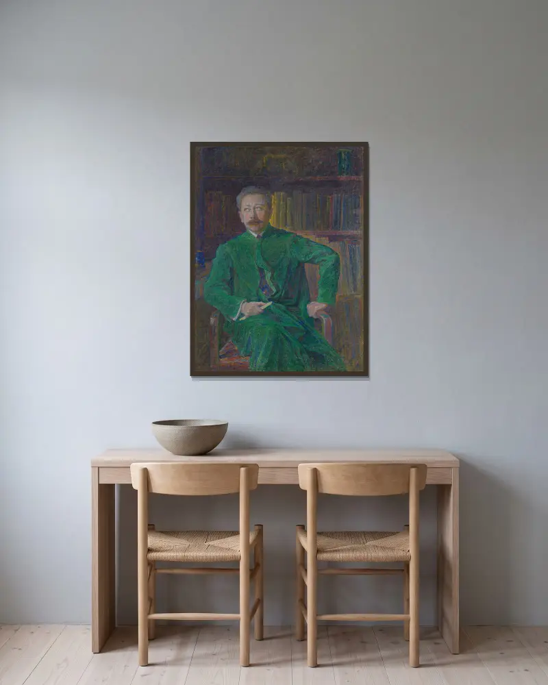 Porträtt av Tor Hedberg av J.A.G. Acke inramad på en vägg