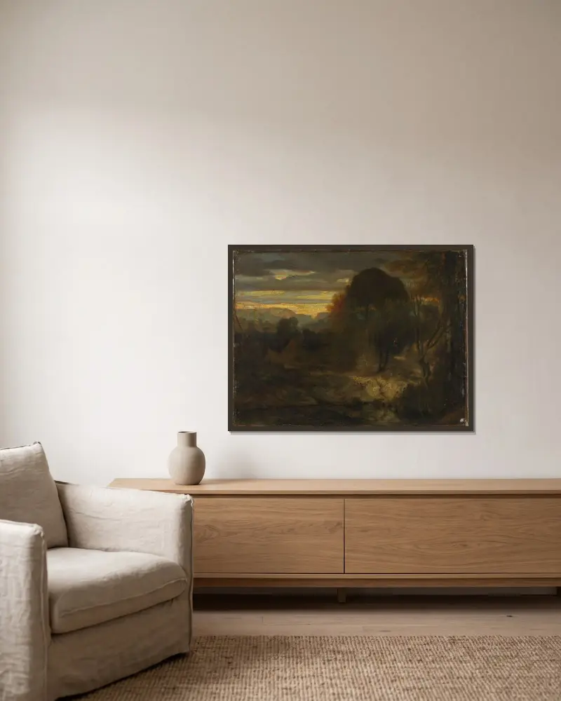 Evening landscape av Alexandre-Gabriel Decamps inramad på en vägg