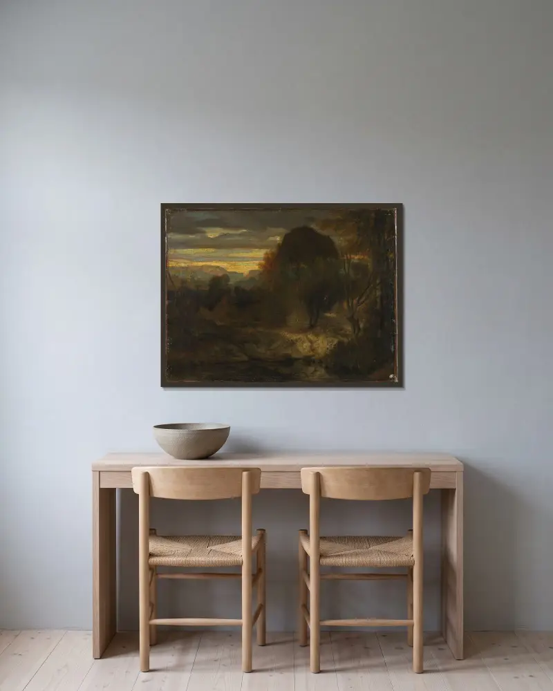 Evening landscape av Alexandre-Gabriel Decamps inramad på en vägg
