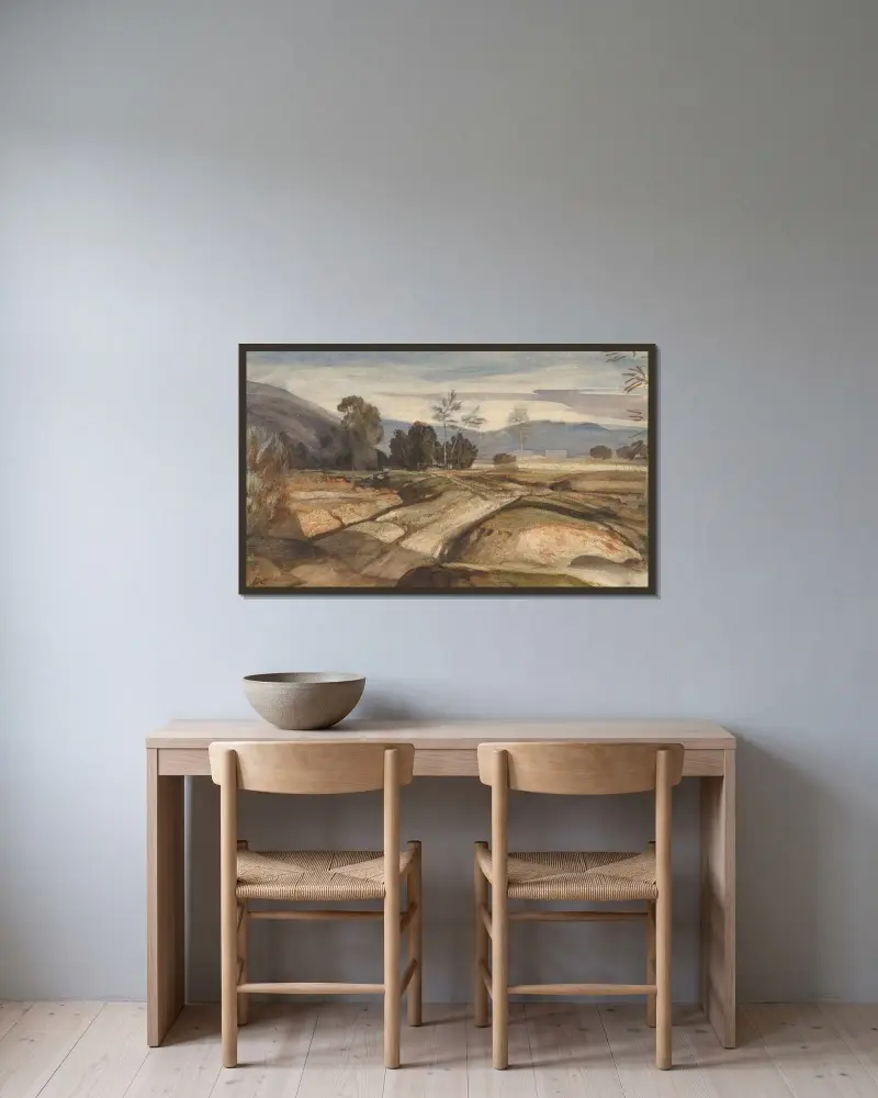 Landscape av Alexandre-Gabriel Decamps inramad på en vägg